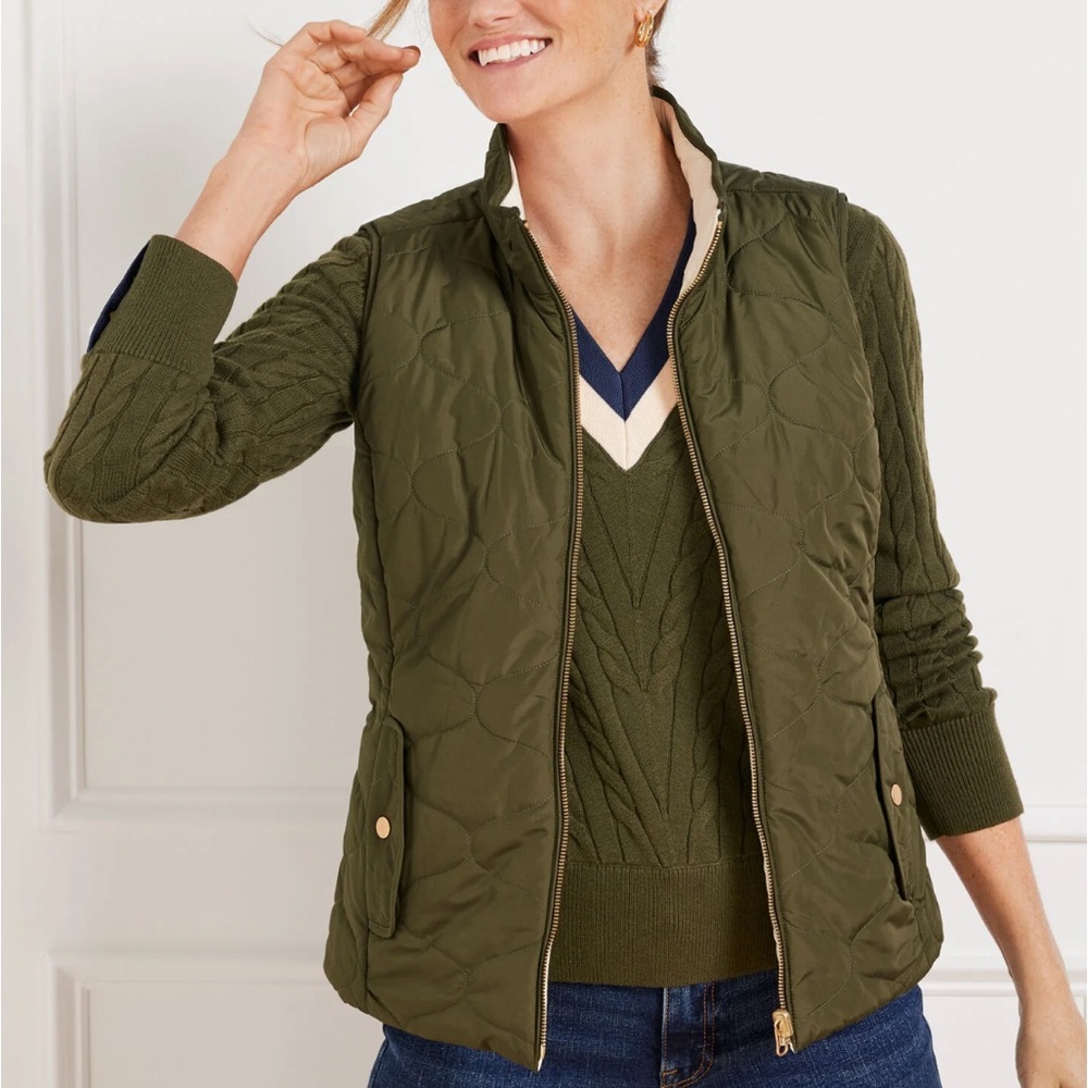 NEW NWT Talbots moss Green reversible vest ivory medium Quilted